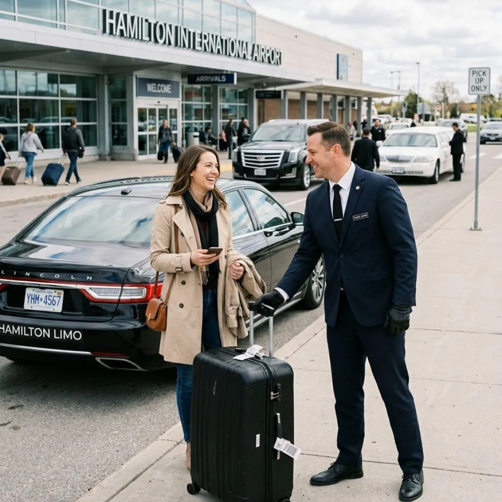 Hamilton Airport Limo Service sedan pickup with chauffeur greeting at Hamilton Airport