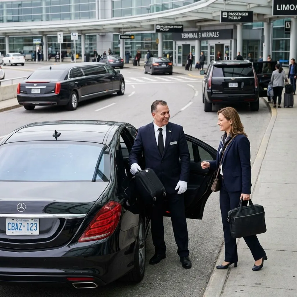 Mississauga Airport Limo Service sedan pickup with chauffeur at airport curbside