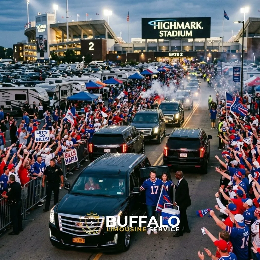 Buffalo Bills game limo service arrival at Highmark Stadium SUV transfer